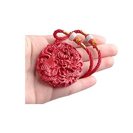 Acxico 1Pcs Chinese Red Organic Cinnabar Dragon Phoenix Pendant Lucky Amulet(Random rope)