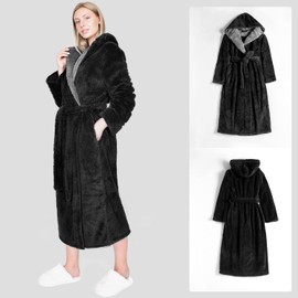 Artfasion Robes for Women with Hood Long Soft Warm Full Length Bathrobes Luxurious Plush Fleece Winter Robes Black X-Large