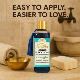 FERIHA Moroccan Liquid Black Soap with Saharan Nila and Eucalyptus – Traditional Hammam Beldi Exfoliating Body Cleanser – Natural Olive Oil-Based Formula for Smooth, Refreshed Skin and Deep Cleansing