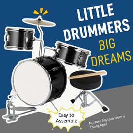 Ktaxon Kids Drum Set, 3-Piece Junior Beginners Drum Kit with Throne Stool, Bass Drum Pedal & 2 Drumsticks, 14 Inch Drum Musical Instruments W/Cymbal, Tom and Snare Drum for 3 Years Old+ (Black)