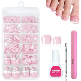 Inmyfree 120Pcs French Tip False Toenails Kit - Pink & White Short Square Press-On, Glossy Full Coverage Acrylic Fake Nails, Includes Glue for Easy Nail Art, Suitable for Women and Girls​