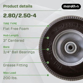 Marathon 00090 Flat-Free 2.80/2.50-4 Tire and Wheel Assembly, 3” Centered Hub, 3/4” Ball Bearings, Replacement Tire for Casters, Utility Carts and Other Equipment, Easy Install Assembly