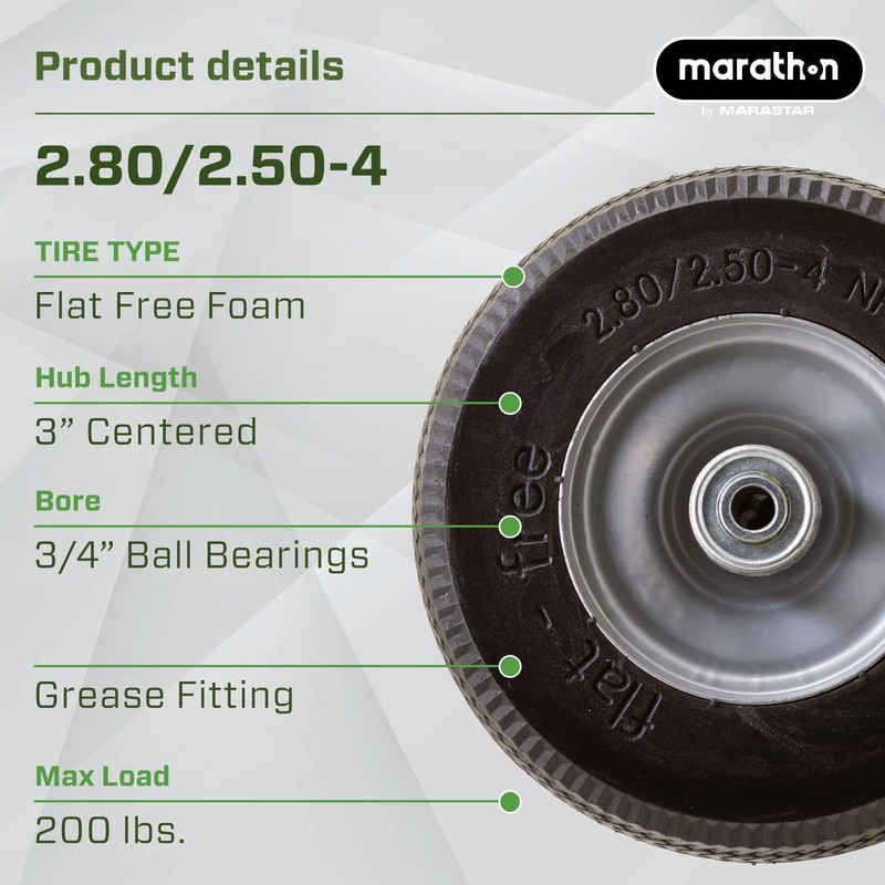 Marathon 00090 Flat-Free 2.80/2.50-4 Tire and Wheel Assembly, 3” Centered