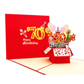 iGifts And Cards Happy 70th Red Birthday Party Box 3D Pop Up Greeting Card – Seventy, Awesome, Balloons, Unique, Celebration, Feliz Cumpleaños, Fun, Festive