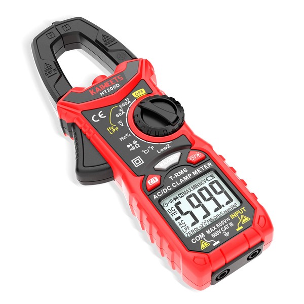 KAIWEETS HT206D Digital Clamp Meter T-RMS 6000 Counts, Multimeter Voltage Tester Auto-ranging, Measures Current Voltage Temperature Capacitance Resistance Diodes Continuity Duty-Cycle (AC/DC)