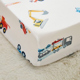 Brandream Fitted Crib Sheets Boys Construction Truck Baby Nursery Toddler Sheets Cotton Car Vehicle Carriage Excavator Design Blue White Yellow Red
