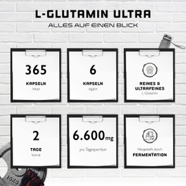 L-Glutamine - 365 Capsules - Extra High Dose with 1100 mg per Capsule - 6600 mg per Daily Serving - Pure & Ultra Fine L-Glutamine - No Unwanted Additives - Laboratory Tested - Premium Quality