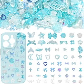 350 Pcs Junk Case Charms Blue 3D Resin ABS Rose Flower Bows Butterfly Charm with Bows Moon Heart Pearls Fun Beads Flatback Resin Charms for Craft DIY