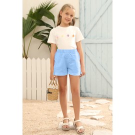 Haloumoning Pantalones cortos casuales de lino para niñas, pantalones cortos de verano con dobladillo con volantes y bolsillos, talla 4-15, Azul-cielo, 8-9 Años