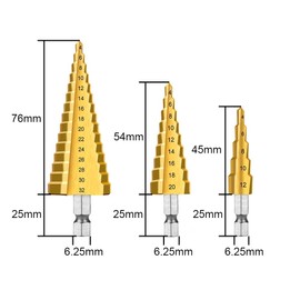 3Pcs Step Bits Set Hss High Speed Steel Step Drill Bits 4-12/4-20/4-32 mm Hex Shank Cone Cutter for Wood Stainless Steel Sheet Metal Aluminum DIY