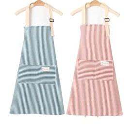 AstarFavor Pack of 2 Women's Kitchen Aprons, Cotton Linen Apron, Adjustable Kitchen Apron, Bib Apron, BBQ Apron for Cooking, Baking, Crafts, Red and Blue
