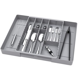 Fu Store Silverware Drawer Organizer DIY Customize Expandable Utensil Tray for Kitchen Upgraded Flatware Cutlery Holders Adjustable Plastic Tableware Storage for Spatula Spoons Forks Knives Gray