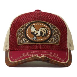 CHL Trading Rooster Straw Cap Mexico Western Style Embroidery Trucker Mesh Snapback Curved Bill Baseball Cap (Red), Large