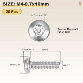 METALLIXITY Pan Head Torx Security Screws Bolts (M4-0.7x16mm) 20Pcs, Button Torx Head Machine Screws 304 Stainless Steel - for Furniture Woodworking Project, Silver Tone