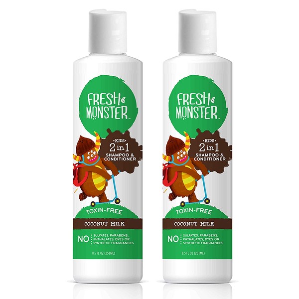 Fresh Monster Toxin-Free Hypoallergenic 2-in-1 Kids Shampoo & Conditioner, Coconut (2 Pack, 8.5oz/each)