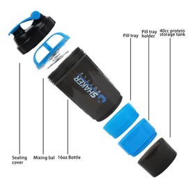 XTKS Shaker Bottle - Protein Shaker Cup with Storage Compartments - Leak-proof Workout Shake Bottles with Mixer for Smooth Mixing-500ML/16oz (BLUE & BLACK)