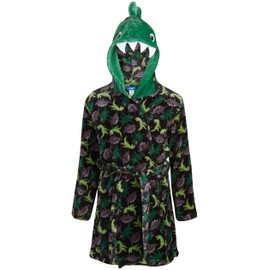 ONLY BOYS Bathrobe - Plush Fleece Bathrobe: Crocodiles, Sharks, Dinosaurs, Ninjas (6-14), Size 12-14, Black/Green Dinos