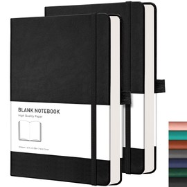 RETTACY Notebook A5 Blank Pack of 2 - 384 Pages Unlined Notebooks with 100gsm Blank Paper, Pen Loop, Inner Pocket, for Sketching School Women Men 14.5 x 21 cm Black