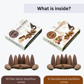 TRUMIRI Backflow Incense Cones - Combo Pack of 20 Incense Cones Waterfall - 10 Palo Santo + 10 Sandalwood - Incense Backflow Cones - Waterfall Incense Cones - Incense Waterfall Cones