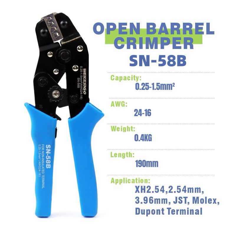 WEKESIGO SN-58B Ratchet Crimper 0.25-1.5mm² AWG24-16 for for XH2.54/2.54/2.8/3.0/3.96/4.8/KF2510 JST,TE,Molex,Dupont