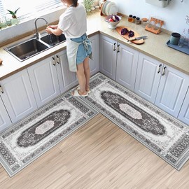 Gray Hallway Rug - Set of 3 Washable Kitchen Rugs Bohemian Non-Slip Low-Pile Laundry Room Rugs Soft Bathroom Floor Mats Printed Rug Runner Rugs for Entryways, Bedrooms and Living Rooms