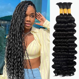 Human Braiding Hair for Boho Braids 110g 20 Inch Deep Wave Boho Bulk Human Hair for Braiding Knotless 12A Wet and Wavy Bohemian 3 No Weft Bundles/Pack Curly Braids Natural Color