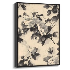 Framed Canvas Wall Art for Living Room Bedroom - Oriental Minimalist Peony Flower Wall Decor in Black and Beige - 12x16 Inch Asian Traditional Artwork Print