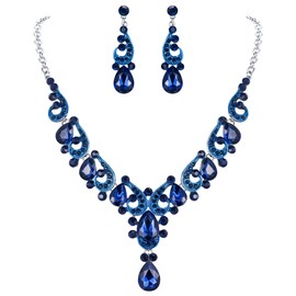 EVER FAITH Crystal Bridal Wave Teardrop Necklace Earrings Set for Bride, Prom Sapphire Color Silver-Tone