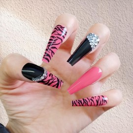 Rchovsam xl Pink Nails Press Ons Extra Long Coffin Press on Nails French Tip Zebra Print Diamond Design False Nails Full Cover Acrylic Arificial Fake Nails Gift for Womens 24pcs