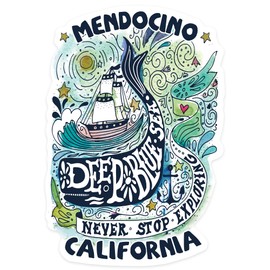 Die Cut Sticker Mendocino, California, Watercolor Whale, Deep Blue Sea, Nautical Art, Contour Vinyl Sticker 1 to 3 inches (Waterproof Decal for Cars, Water Bottles, Laptops, Coolers), Small