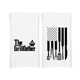 The Grillfather - Grilling Tools Flag - Set of 2 Towels with Hanging Loop - 100% Cotton Flour Sack Towels - BBQ Father's Day Gift Idea for Men Dad