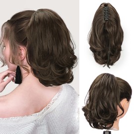 KooKaStyle Ponytail Extension, 10" Short Claw Clip in Pony Tails Hair Extensions Curly Wavy Synthetic Drawstring Hairpieces for Women(Cedar Brown)