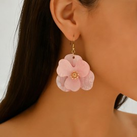 Boho Flower Earrings for Women Acrylic Petal Dangle Earrings Colorful Plant Floral Drop Earrings Wedding Party Statement Flower Jewelry (Pink)