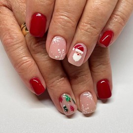 Christmas Press on Nails Short Square False Nails Full Cover Acrylic Nails Cute Red Santa Claus Snowflake with Designs Fake Nails Glossy Winter Glue on Nails Medium Christmas Nails for Women 24 Pcs