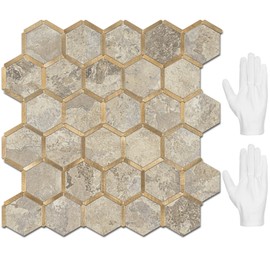 STICKGOO Hexagon Peel and Stick Backsplash Tile, Stick on Backsplash for Kitchen and Bathroom, Stone Beige PVC Mixed Metal Gold Self Adhesive Wall Tiles(10 Sheets, Seamless)