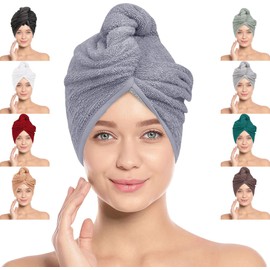 LOOMKNIT Hair Towel Wrap Lightweight Turban, Instant Drying 100% Cotton Hair Cap Super Quick Absorbent Anti-Frizz Twist Toweling Dry Hat with Button and Loop for Long Curly Hairs, 61 x 24CM
