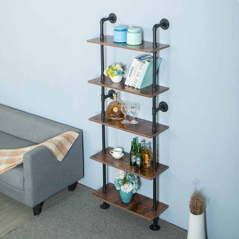 HEONITURE 5 Shelf Industrial Pipe Shelving, Black Modern Bookcase Bookshelf,