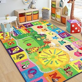 Chicrug Educational 4x6 Kids Area Rug for Playroom, TPR Non Slip Kids Classroom Carpet Rug for Learning ABC Animal Shape Color Fruit, Washable Play Mat Rug for Children Nursery Toddler Room Decor