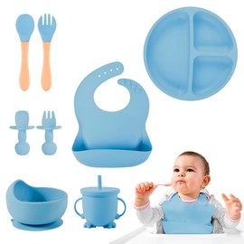 Raganet, Juego de Platos y Cubiertos para Bebé de Silicona, Set de 8 Piezas Libres de BPA, Babero, Plato, Tazon y Cubiertos, Seguros y Resistentes (Azul)
