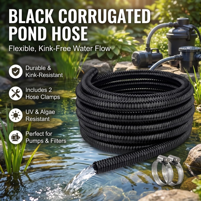 Pond Hose ID 2” × 50ft Black Corrugated Flexible Pump