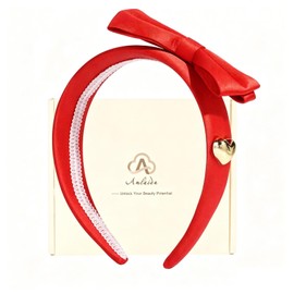 Red Bow Headband for Women, Satin Wide Headband with Gold Heart, Non-Slip Fashion Hairband for Holiday Party Wedding
