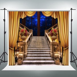VIDMOT Gorgeous Palace Hall Steps Background 10x10ft Castle Stairs Background for Wedding Birthday Princess Girl Photo Shoot Old Stairway Golden Theatre Backdrop Photography Studio Set Props BJLSVV963