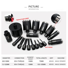 FACHLICH Diamond Drill Bits 20 mm with M14 Thread for Dry Drilling Hard Granite Marble Laser Welded Hole Saw with Vacuum Brazed Side Protection