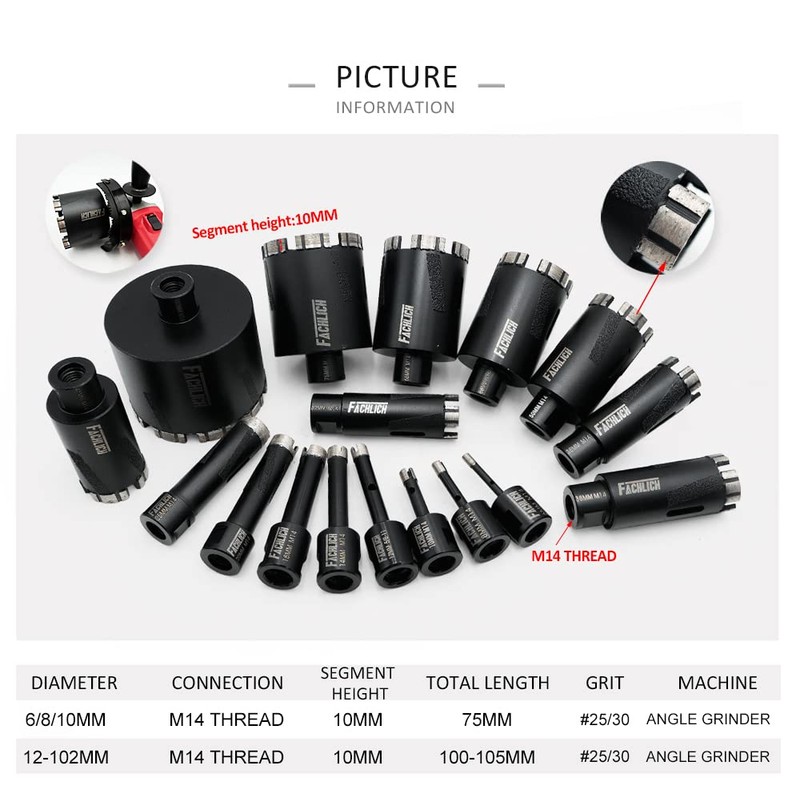 FACHLICH Diamond Drill Bits 20 mm with M14 Thread for