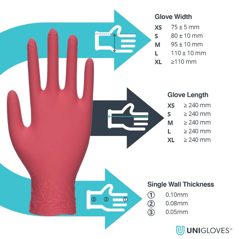 UNIGLOVES Pearl GP0062 Nitrile Examination Gloves, Red, Small (Pack of