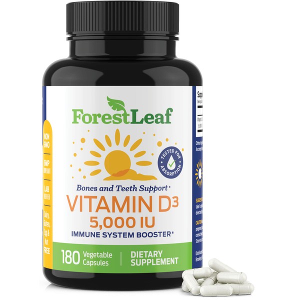 ForestLeaf Vitamin D3 5000 IU - Bone Health and Immune Support - Small Easy to Swallow Vegetable Capsules - Non-GMO Gluten Free VIT D - VIT D3 Vitamin D Supplements for Women and Men, 180 Count