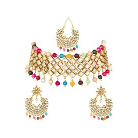 Bodha Traditional Indian Gold Plated Kundan Pearl Choker Bridal Necklace Combo Jewellery Set with Tikka and Earrings for Women (SJN_27_M)