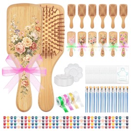 76 Pack Bamboo Hairbrush Painting Kits 12 Set DIY Wooden Hairbrush Set with Paint, Brush, Palette, Aprons and Ribbon, Girls Hand Painted Crafts Make Your Own Night Party Supplies as a Gift (Square)