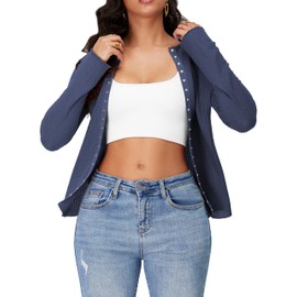 Albe Rita Waffle Cardigan Sweater Shirts for Women Lightweight Button Down Long Sleeve Crew Neck Knit Swater Tops,Navy Blue,S