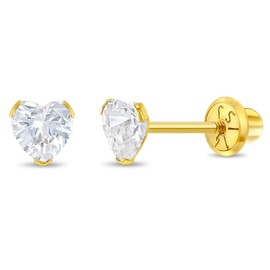 14k Yellow Gold 5mm Simulated Diamond Birthstone Heart Screw Back Earrings for Baby Girls & Toddlers - Lovely CZ Heart Studs for Little Girls -Stud Earrings for Children- April Birthday Jewelry Gift